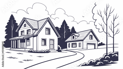 Charming Suburban Homes Architectural Drawings of Dream Houses in a Picturesque Setting