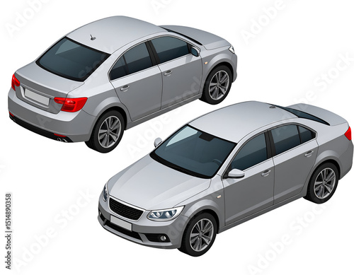 Two isometric views of a silver sedan, showcasing its design details from front and rear angles
