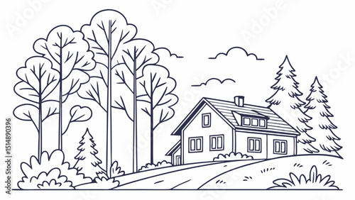 Serene Countryside House Illustration A Peaceful Landscape Drawing