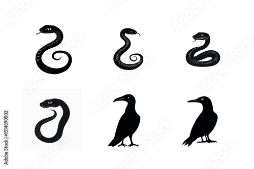 Silhouette set of snakes and birds