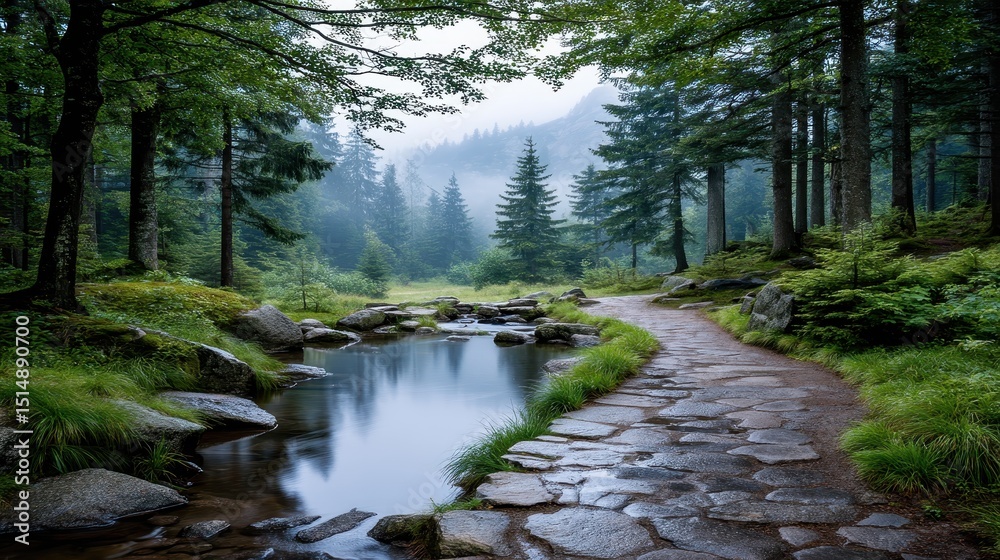 Obraz premium Serene Stone Path Winding Through Misty Forest to Tranquil Stream