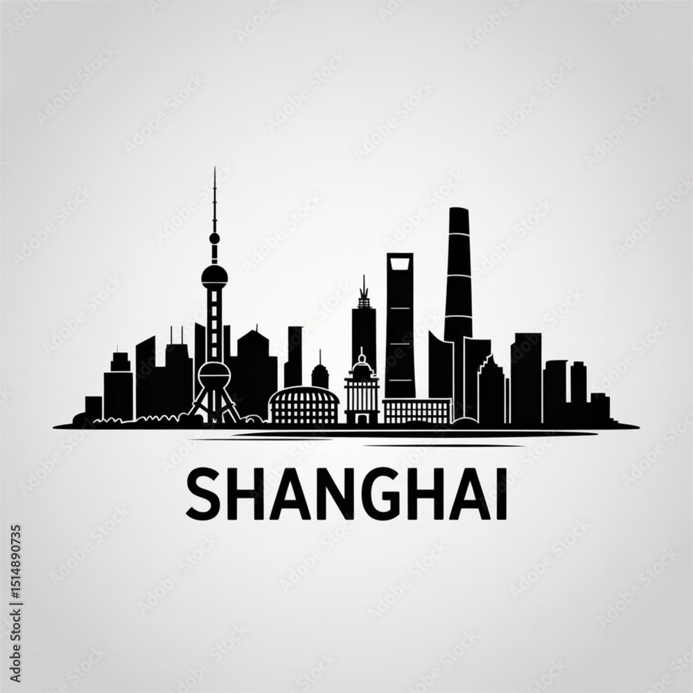 Obraz premium Shanghai Skyline Silhouette — Modern Chinese Metropolis Vector Illustration with Iconic Landmarks