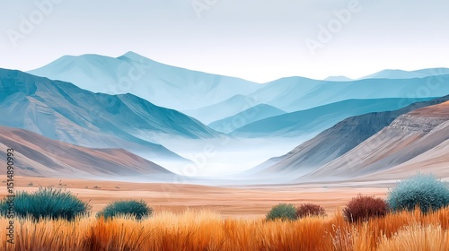 Serene Mountain Valley Landscape Misty Blue Peaks and Golden Grassland Breathtaking View of Nature's Beauty
