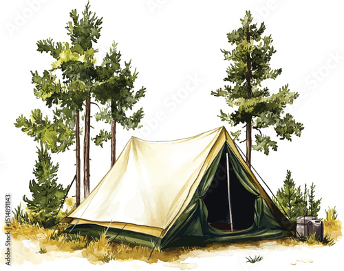 Picture of a camp in a forest hand drawn in watercolor isolated on a white background. Watercolor illustration vector