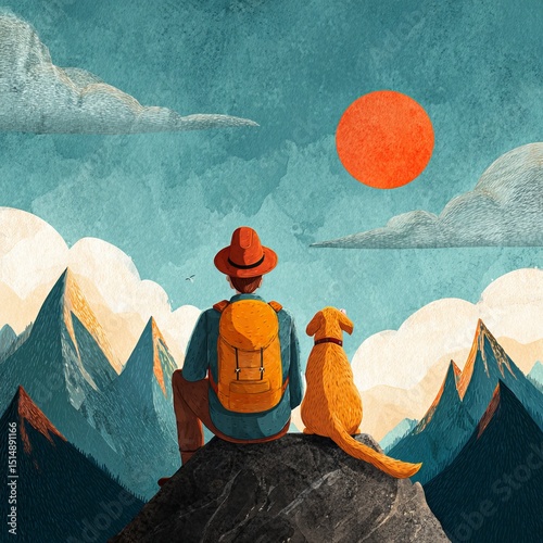 A Man and Dog take in the view from atop a mountain, with beautiful scenery
