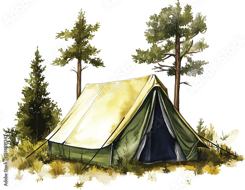 Picture of a camp in a forest hand drawn in watercolor isolated on a white background. Watercolor illustration vector