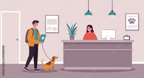 Man bringing his dog to a veterinary clinic for a health check and receiving a pet health certificate