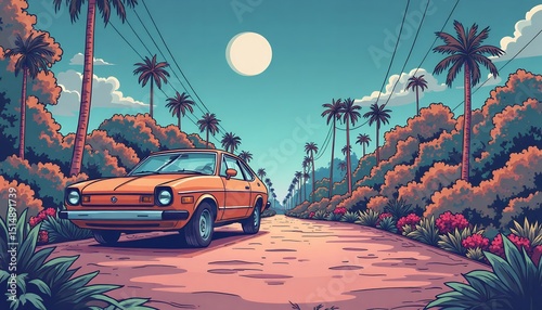 Orange car on a road with palm trees and full moon