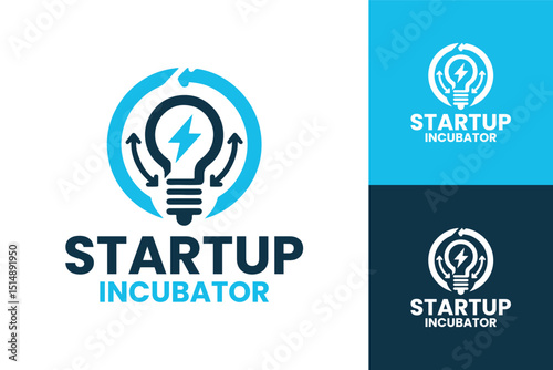 Minimalist Startup Incubator Logo with Lightbulb Icon and Blue Color Palette
