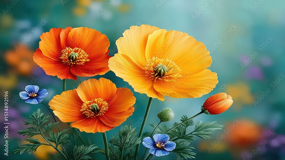 Vibrant Orange and Yellow Poppies Blooming in a Lush Garden Setting A Stunning Floral Display of Nature's Beauty Vibrant Orange and Yellow Poppies Blooming in a Lush Garden Setting A Stunning Floral Display of Nature's Beauty