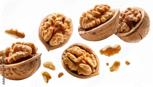 flying walnuts no skin isolated on white or white background