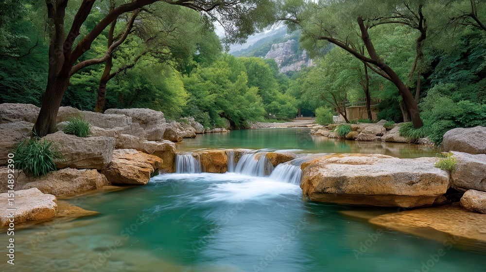Naklejka premium Serene Waterfall in Lush Green Forest Landscape Tranquil River Scene with Rocks and Trees