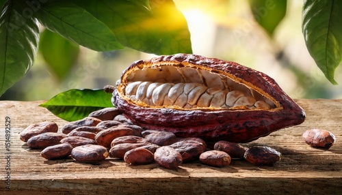 fresh cocoa beans spilling out of pod on table in natural light