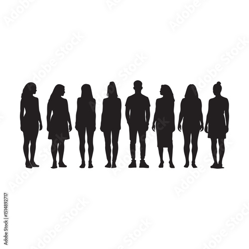 Group of diverse people silhouettes standing in a row isolated on white background