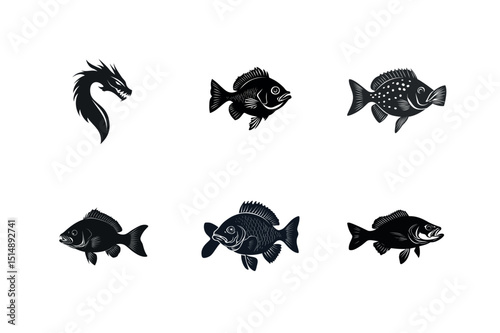 Black silhouettes of dragon and various fish species