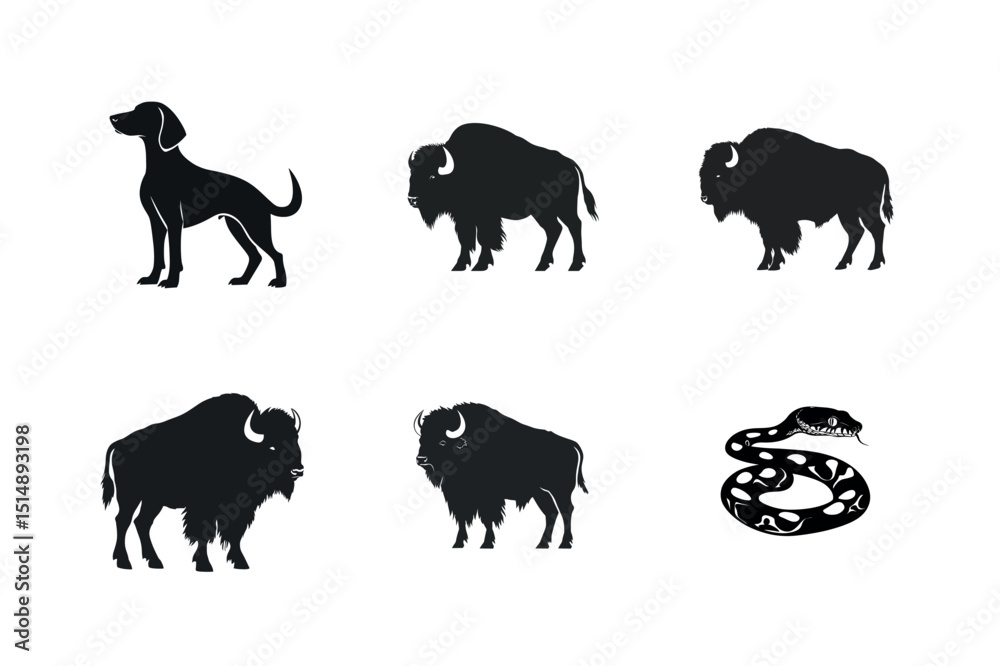 Naklejka premium Black silhouettes of dog bison and snake