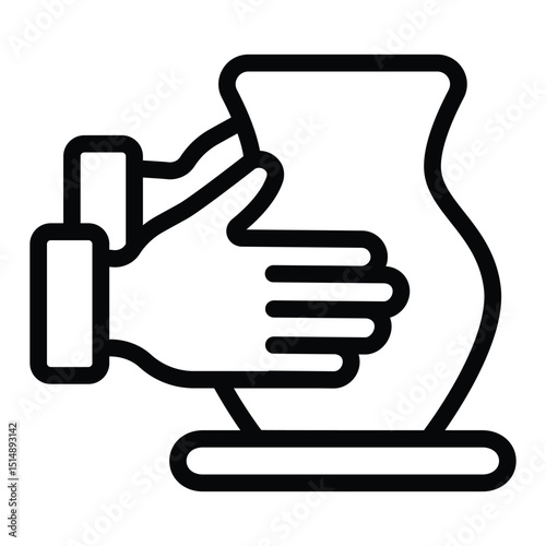 Clay jug on workbench in hands line icon, pottery making concept. Vector graphics. Hands with plaster product, molding sign on white background, style mobile or design.