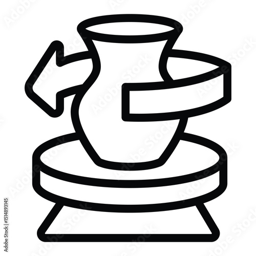 Clay jug on workbench and rotation arrow line icon, pottery making concept. Vector graphics. Clay production machine sign on white background, style mobile or design.