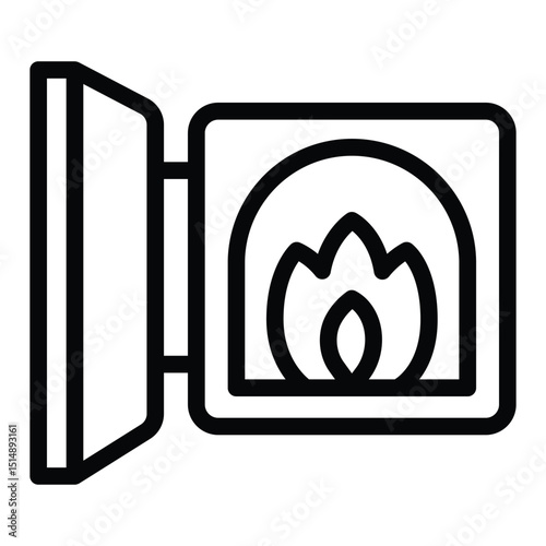 Fire flame in stove with metal door line icon, pottery making concept. Vector graphics. Fireplace sign on white background, style mobile or design.