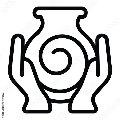 Clay jug with twirl in hands line icon, pottery making concept. Vector graphics. Hands with clay jug, manual molding sign on white background, style mobile or design.