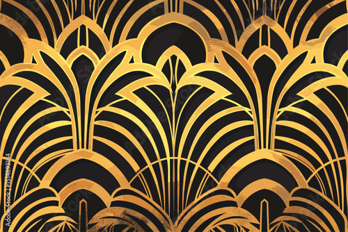 Art Deco gold fan pattern. Luxury geometric decor on black background. 