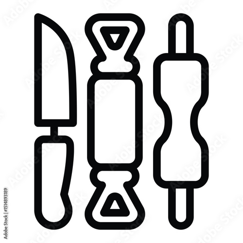 Emery, roller and knife for clay sculpting line icon, pottery making concept. Vector graphics. Pottery tools, utensils sign on white background, style mobile or design.