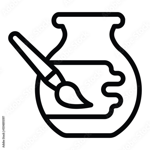 Clay jug and paint with brush line icon, pottery making concept. Vector graphics. Artistic painting for clay product sign on white background, style for mobile or design.