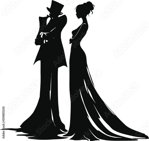Elegant Couple Silhouette in Formal Attire - Vector Illustration of Man in Top Hat and Woman in Gown