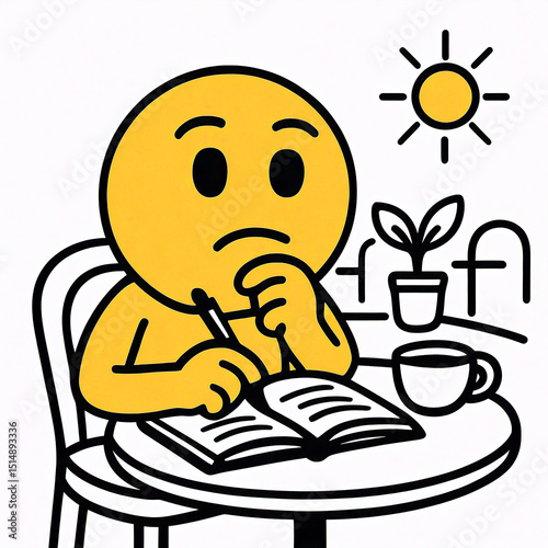 Yellow Emoji Character Writing in a Notebook at a Table