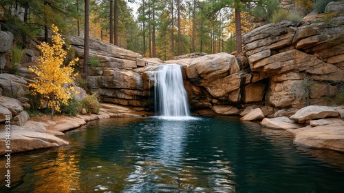 Serene Waterfall Cascading into a Rocky Pool during Autumn Picturesque landscape with golden foliage and tranquil water