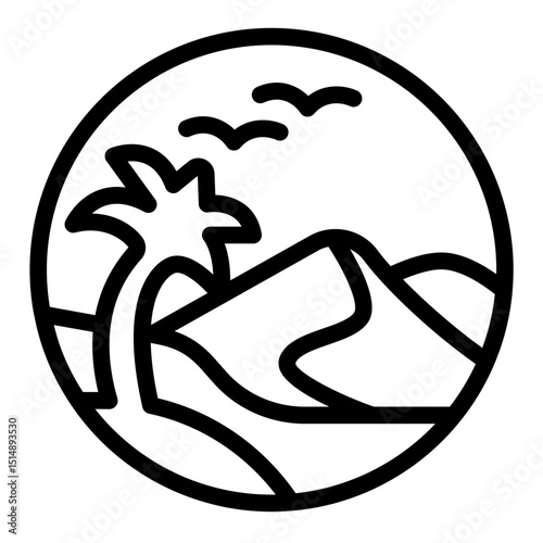 Desert with palm tree and sky birds line icon, desert flora concept. Vector graphics. Palm tree in sandy desert sign on white background, style for mobile or design.