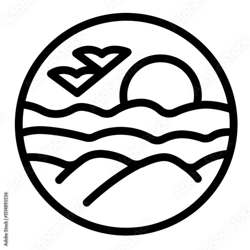 Sandy desert sunset bubble line icon, arabian desert concept. Vector graphics. Desert landscape with sun and mountains sign on white background, style for mobile or design.