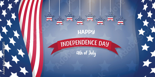 White blue red realistic colorful stars hanging satin ribbon flag  like border Patriotic background Garland stars Silver background Text Happy Independence day 4th of July