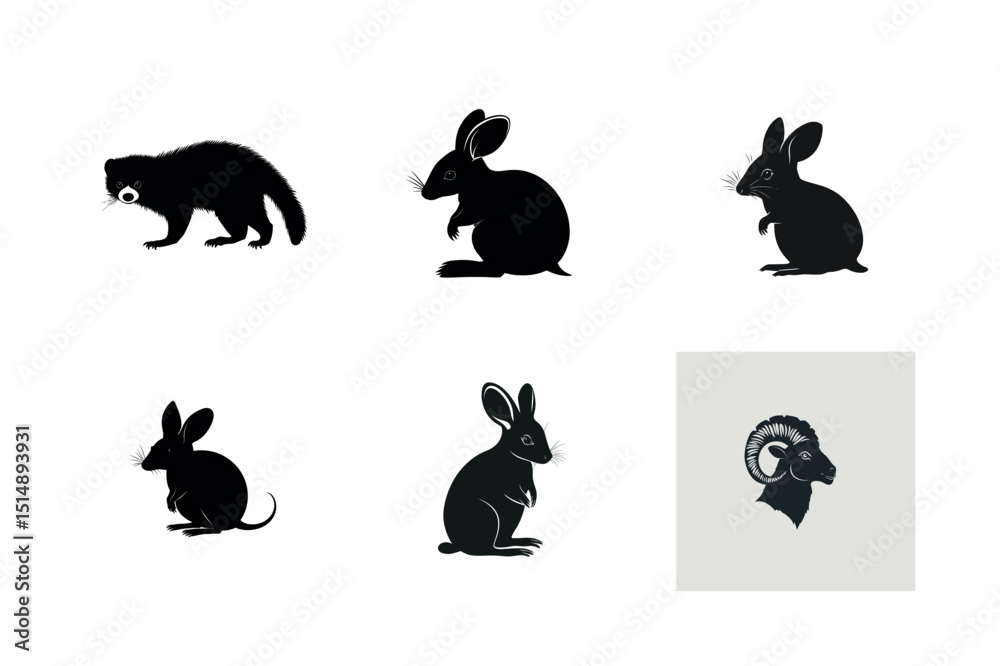 Obraz premium Silhouette set of animals raccoon rabbits and ram