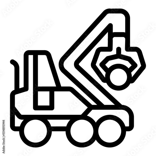 Timber crane with mechanical arm, forest industry concept. Vector graphics. Crane vehicle with one tree trunk, heavy transport sign on white background, style mobile or design.