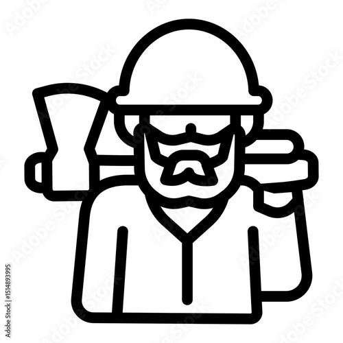 Logger with beard face and axe line icon, forest industry concept. Vector graphics. Wood worker avatar, firewood sign on white background, style mobile or design.
