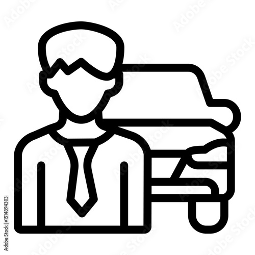 Manager man with new car model line icon, automobile sales concept. Vector graphics. Car vehicle and customer sign on white background, style for mobile or design.