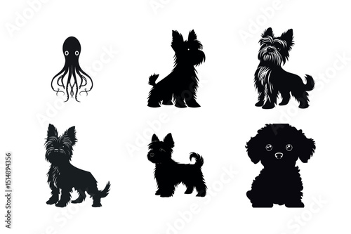 Octopus and Small Dog Silhouettes in Various Poses