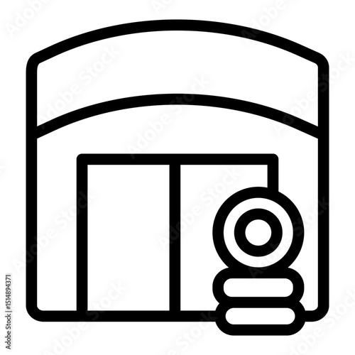 Garage with car tires stack line icon, repair service concept. Vector graphics. Small warehouse for auto mechanic staff sign on white background, style mobile or design.
