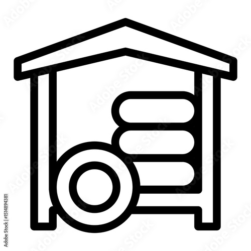 Car wheel waste house line icon, tires fitting concept. Vector graphics. Small storage for used tire, car service sign on white background, style mobile or design.