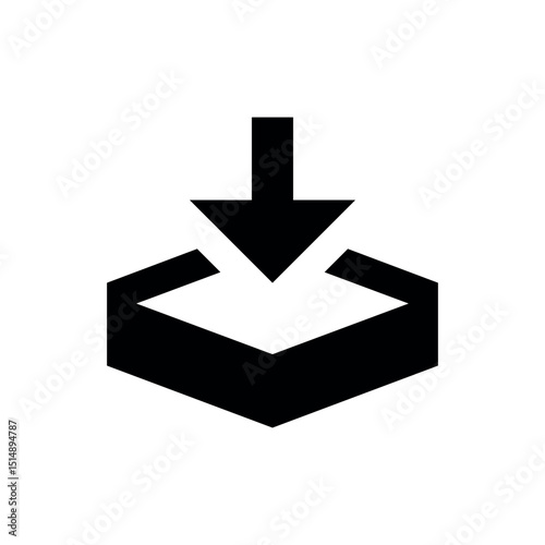 Download to Hexagon, A crisp, black silhouette of a downward arrow pointing into a hexagonal container, conveying a download or storage action.