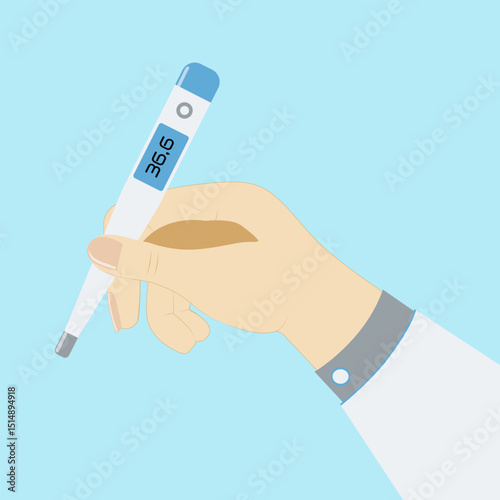 Human hand in medical white coat, on blue background, holds digital medical thermometer; White electronic thermometer with blue accent