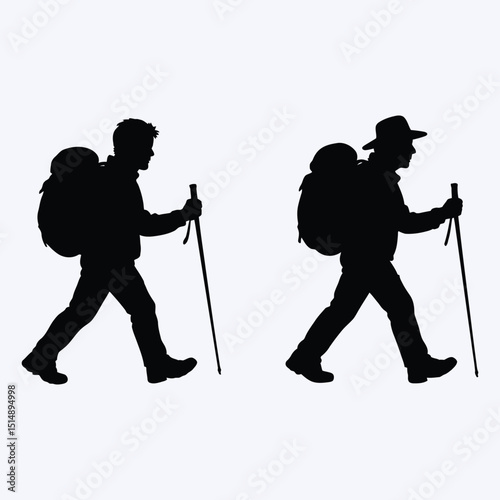  Set of Trekking Silhouettes - Two Hikers with Backpacks and Poles - Vector Illustration