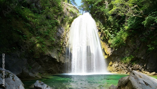Forest park waterfall: a natural cascade of water flowing over mossy rocks amidst a green summer landscape.