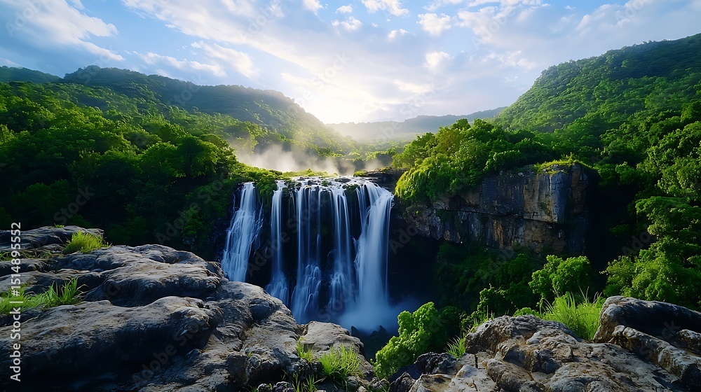 Fototapeta premium Stunning Waterfall Landscape with Lush Greenery