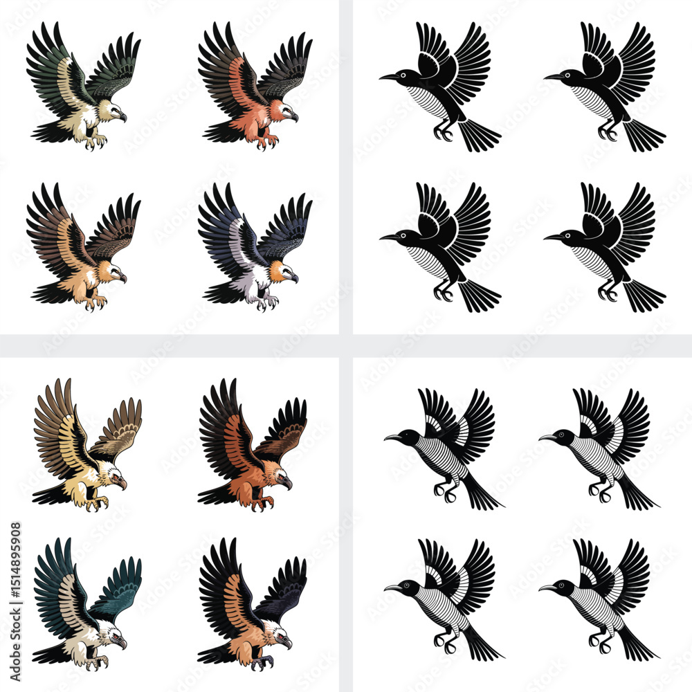 Fototapeta premium Vector black bird wings silhouette illustration set