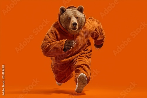 A bear in a brown performance tracksuit on solid orange, powerful runner, outdoor fitness, stock photo
