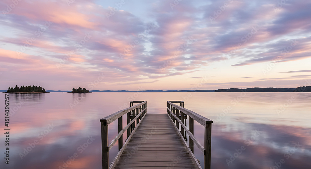 Obraz premium Wooden pier extending into a calm lake at sunset with colorful clouds reflecting in the water and islands in the distance