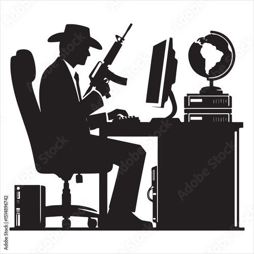 single parson office work on computers clean one  silhouettes  and Graphic, vector black color silhouette 