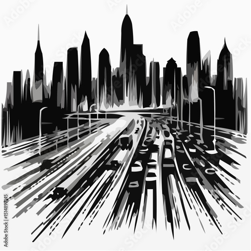 Urban city skyline with blurred traffic in a black and white style  